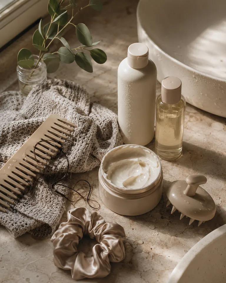 Hair wash-day products arranged for practical routine planning