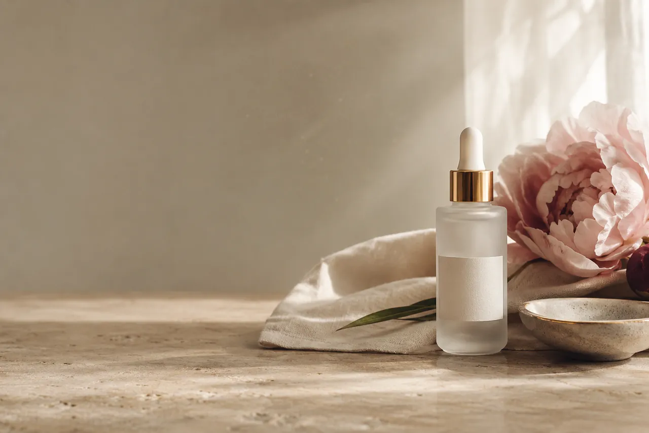 Botanical skincare arrangement with soft neutral beauty products and floral styling