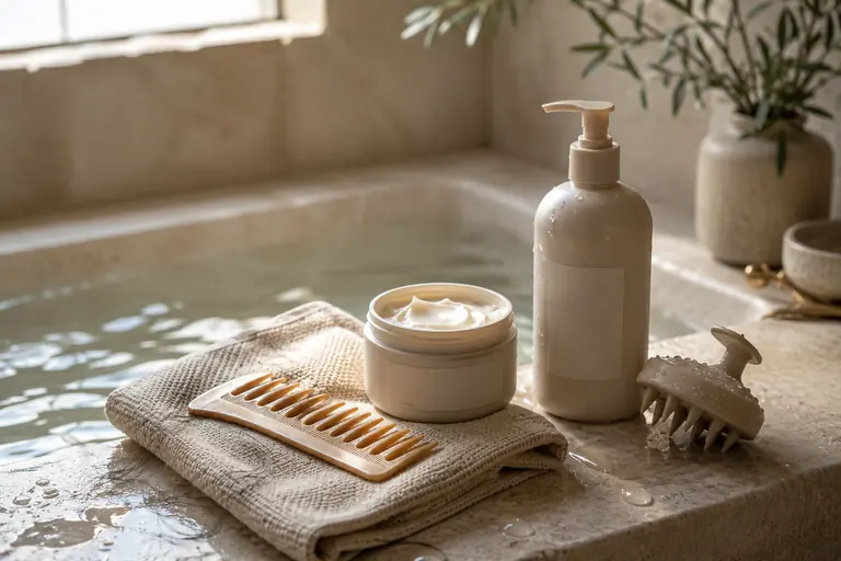 Hair wash-day essentials arranged for cleansing and conditioning