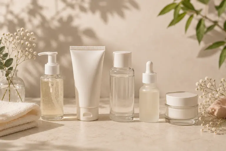 Simple skincare routine products arranged in soft morning light